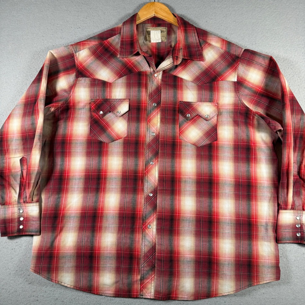 Wrangler Western Fashion Snap Shirt Mens Red Plaid Ombre Long Sleeve Pearl Snap